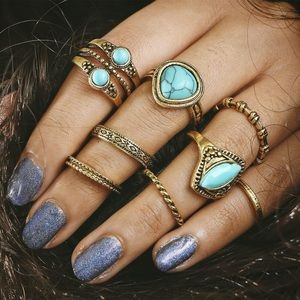 Setita 8 piece golden retro turquoise ring set